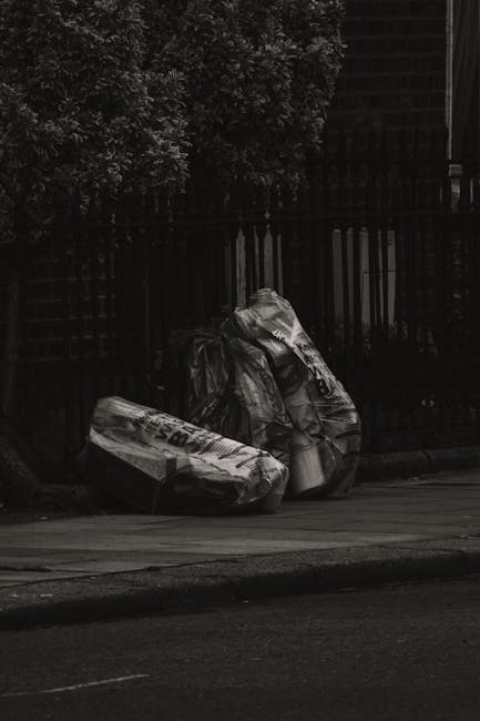 A narrow urban alleyway cluttered with a large, grey, wheeled rubbish bag placed in the foreground, partially worn and slightly bulging with waste. Behind it, there is an extensive pile of mixed debris and discarded materials, including cardboard boxes, black plastic bags, and other refuse, stacked against a backdrop of weathered brick and concrete walls. The alley is lined with graffiti on the right-side wall and appears to be used for waste disposal or storage for nearby buildings. On the left side, a black trash bin and some loose debris sit on the uneven, stained pavement, which is scattered with dirt, small stones, and bits of rubbish. Overhead, leafless tree branches extend across the scene, indicating a cold season, with muted natural light filtering through, creating a dull, overcast ambiance. The scene suggests an alternative method of waste collection, possibly related to independent rubbish removal services, and is typical of an area awaiting rubbish collection or disposal handled by private waste management companies such as Waste Collection Highbury.